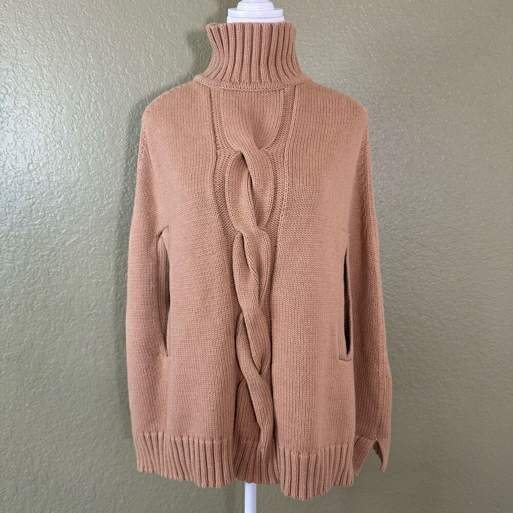 525 America One Size Chunky Poncho Style Sweater Tan Cable Knit Lagenlook Cozy